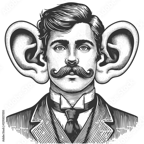 man in vintage attire with exaggeratedly large ears, symbolizing attentive listening or surreal fantasy sketch engraving generative ai vector illustration. Scratch board. Black and white image.