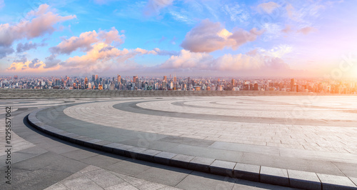 Photography Wide angle view of city skyline from observation deck in shanghai