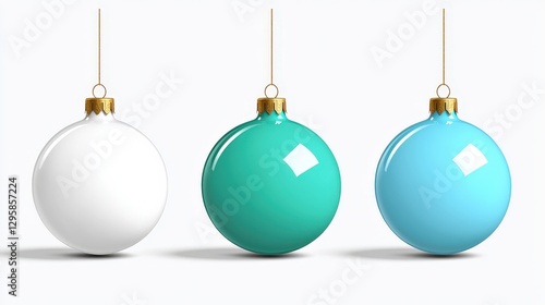 Three different colored decorative baubles suspended on gold colored strings
