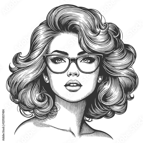 woman with large glasses and voluminous wavy hair, gazing thoughtfully sketch engraving generative ai fictional character vector illustration. Scratch board imitation. Black and white image.