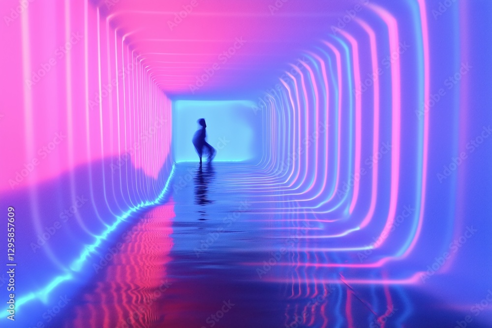 A person standing in a colorful, illuminated tunnel with reflections on the water surface. The tunnel features vibrant pink and blue lights creating a surreal atmosphere. A person standing in a colorful, illuminated tunnel with reflections on the water surface. The tunnel features vibrant pink and blue lights creating a surreal atmosphere.
