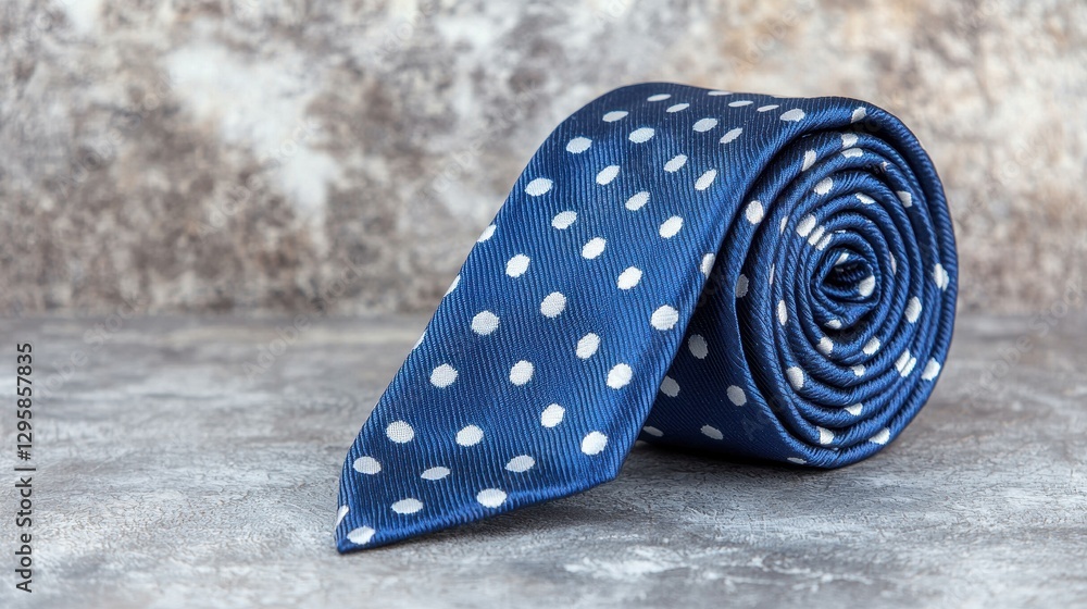 Obraz premium Elegant Blue Tie with White Polka Dots Rolled on a Textured Surface