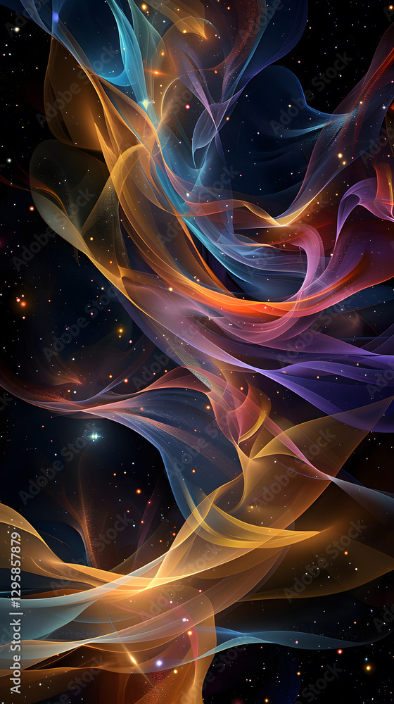 Obraz premium Abstract waves of colors and geometric shapes blending seamlessly, creating a vibrant and dynamic digital art composition.