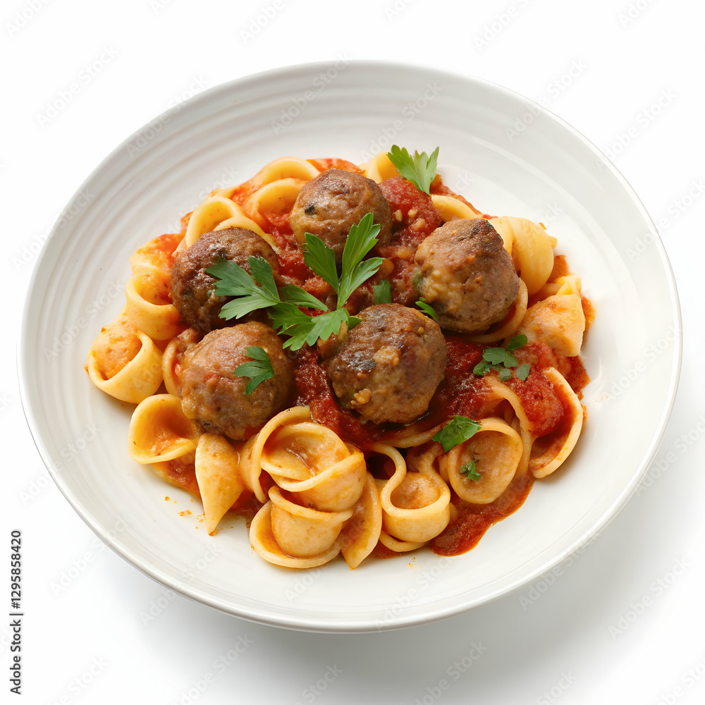 delicious plate of orecchiette pasta with savory beef meatballs on a clean white background delicious plate of orecchiette pasta with savory beef meatballs on a clean white background