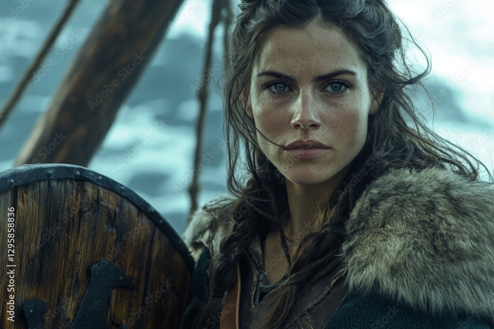 Strong warrior woman stands on ship deck with shield in hand, ready for battle at sea during turbulent weather Strong warrior woman stands on ship deck with shield in hand, ready for battle at sea during turbulent weather