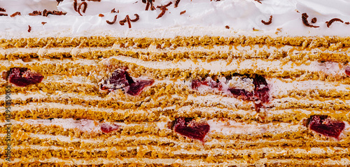 Delicious cake layers showing filling and toppings close up