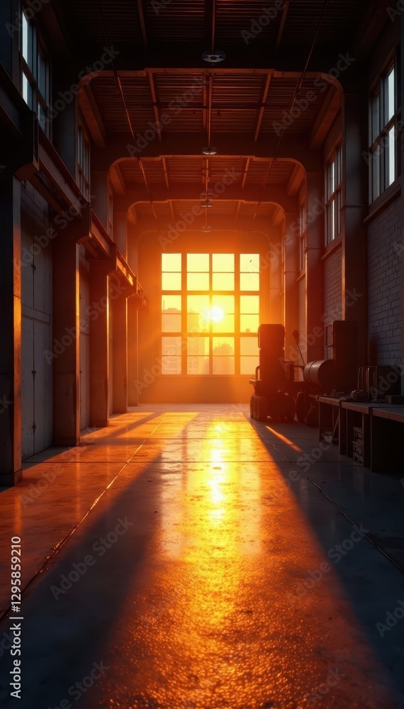 Warm sunset light streams through warehouse windows, minimal, property, steel Warm sunset light streams through warehouse windows, minimal, property, steel