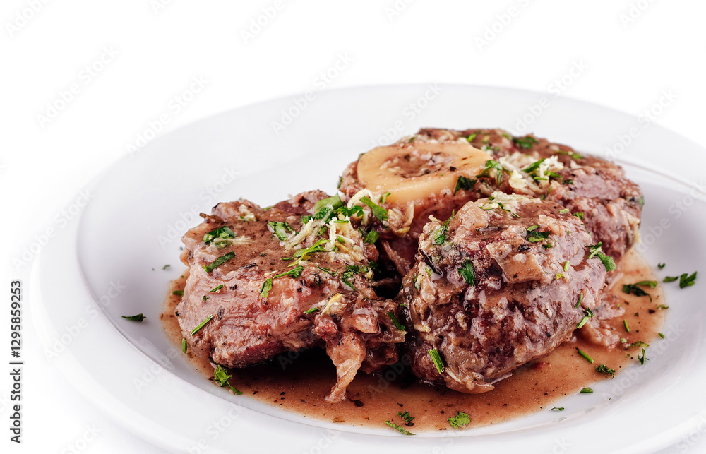 Delicious braised osso buco with gremolata on white plate Delicious braised osso buco with gremolata on white plate