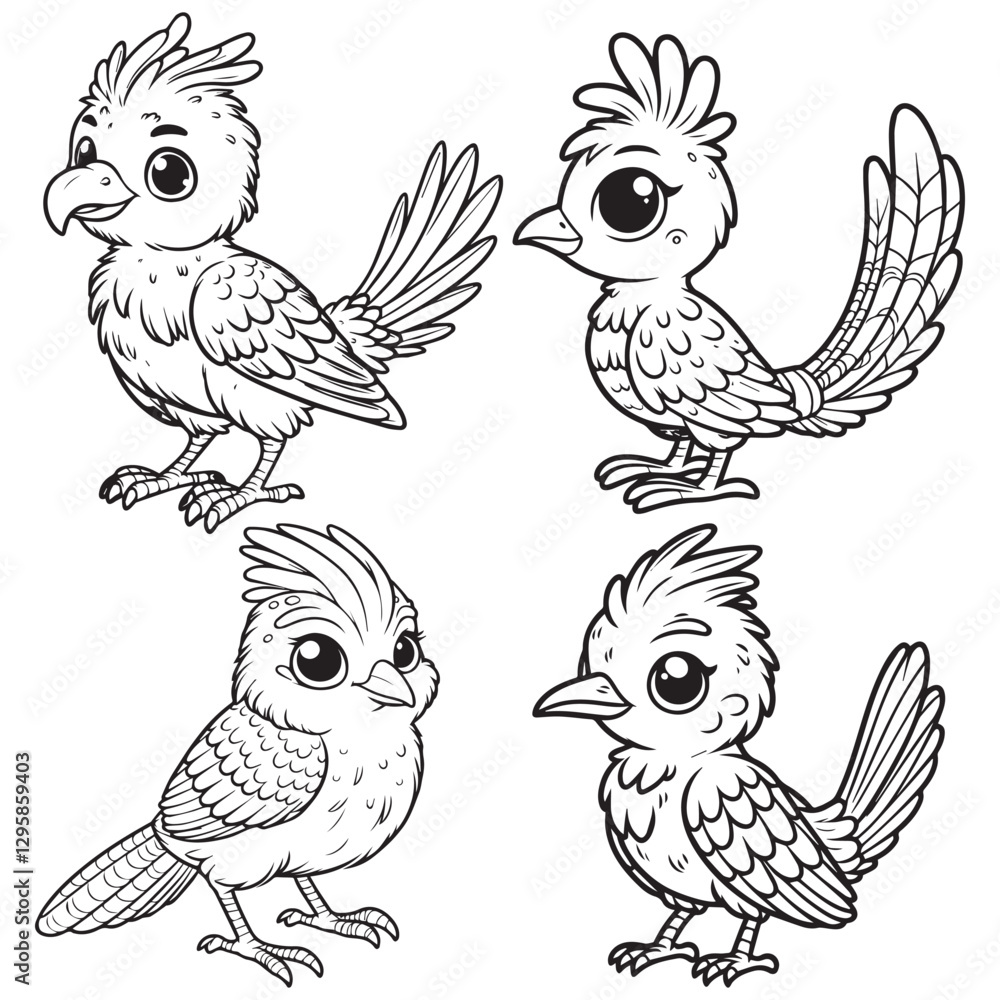 Fototapeta premium High-Quality Cute Cartoonic Lyrebird Standing Pose Outline Vector Illustrations