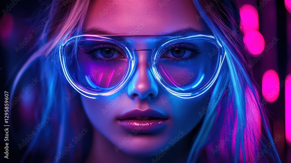 Fashion model wearing stylish sunglasses with futuristic lighting Fashion model wearing stylish sunglasses with futuristic lighting