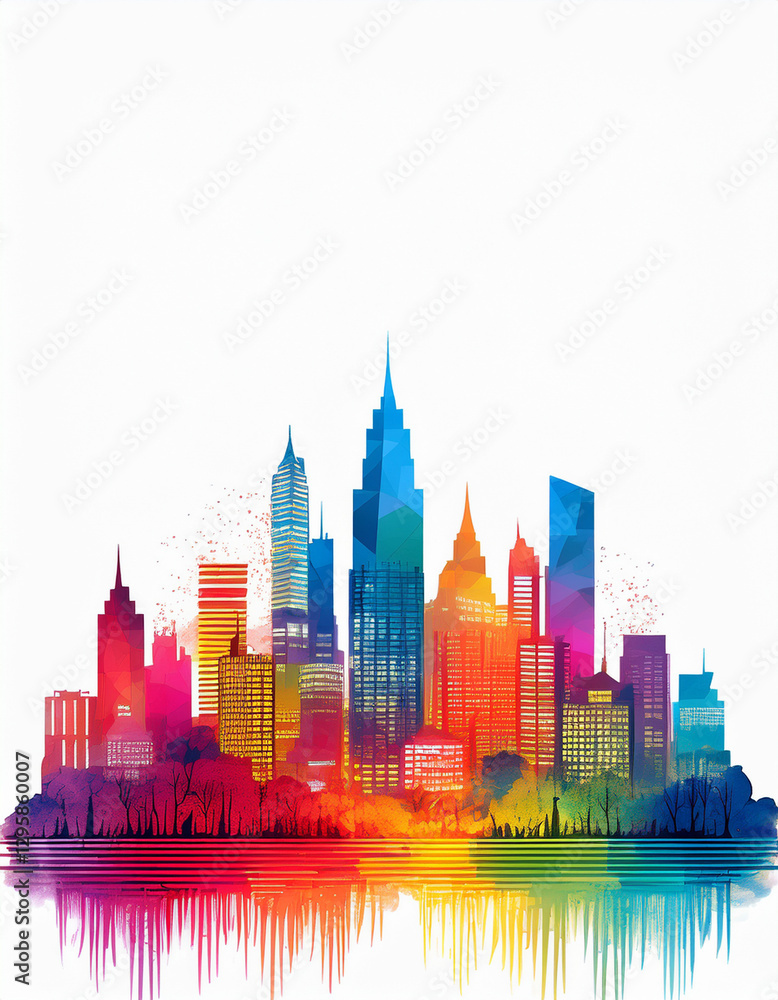 Obraz premium City with skyscrapers in 2d illustration isolated on white and copy space for text or logo, part 22