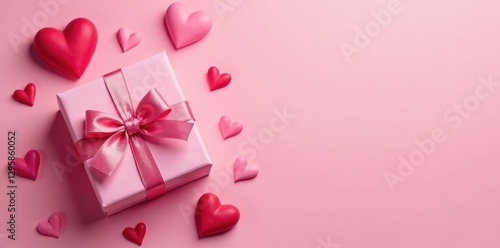 Elegant pink gift boxes & hearts, Valentine's Day Flatlay, copy space Pink tones , illustration, background