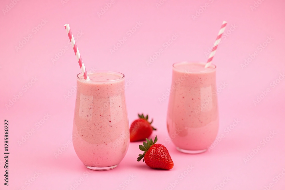 Two glasses strawberry smoothie pink bg fresh strawberries Two glasses strawberry smoothie pink bg fresh strawberries