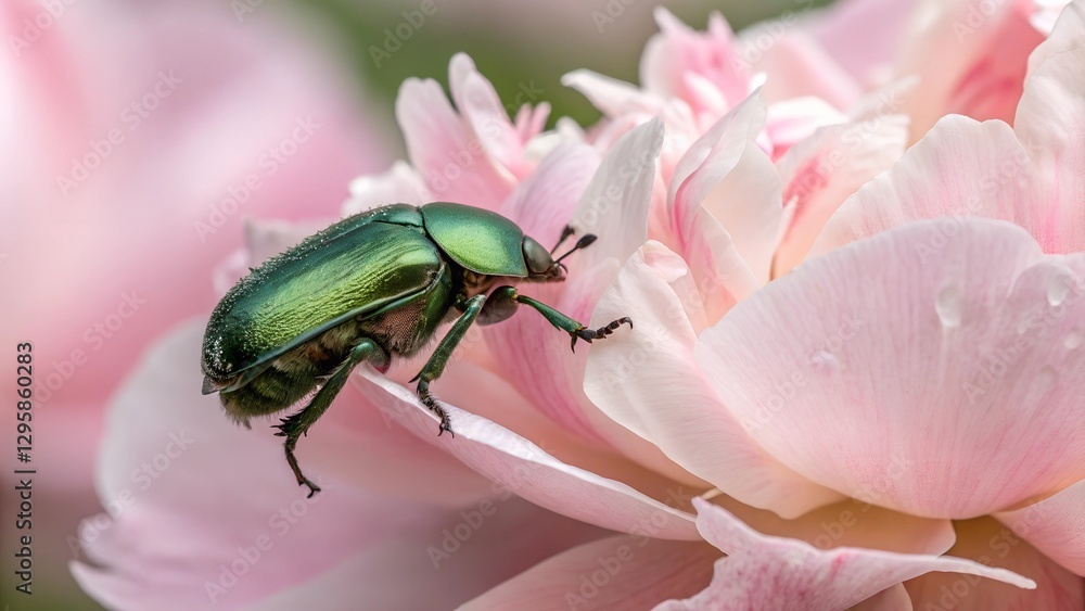 Emerald Jewel on Petals: An iridescent emerald beetle delicately crawls across the soft, pastel petals of a blooming peony, a captivating dance of nature's artistry. Emerald Jewel on Petals: An iridescent emerald beetle delicately crawls across the soft, pastel petals of a blooming peony, a captivating dance of nature's artistry.