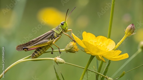 Wallpaper Mural Grasshopper and Yellow Flower: A vibrant image of a grasshopper perched delicately on a yellow flower in a field of green, showcasing the beauty of nature's intricate details. Torontodigital.ca
