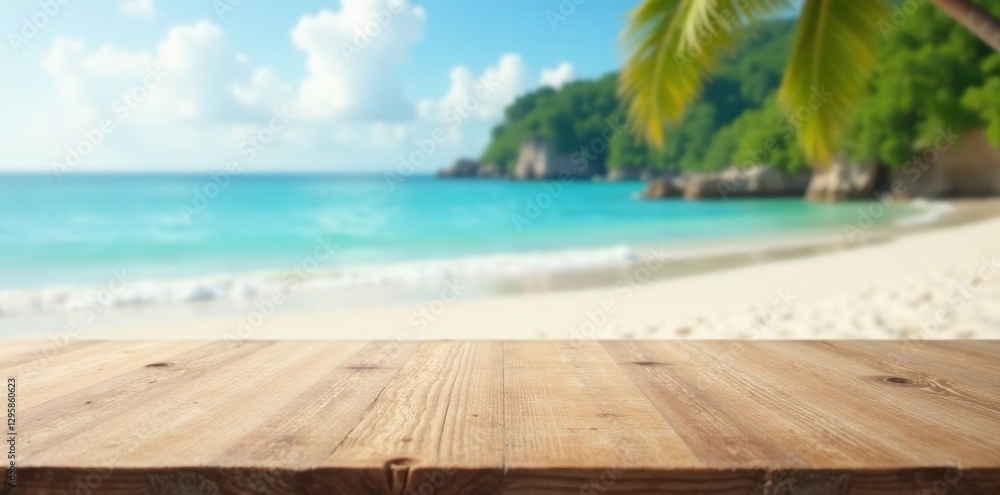 Fototapeta premium Idyllic beach scene, soft sand, blurred seascape, wooden table for product showcase , clouds, paradise