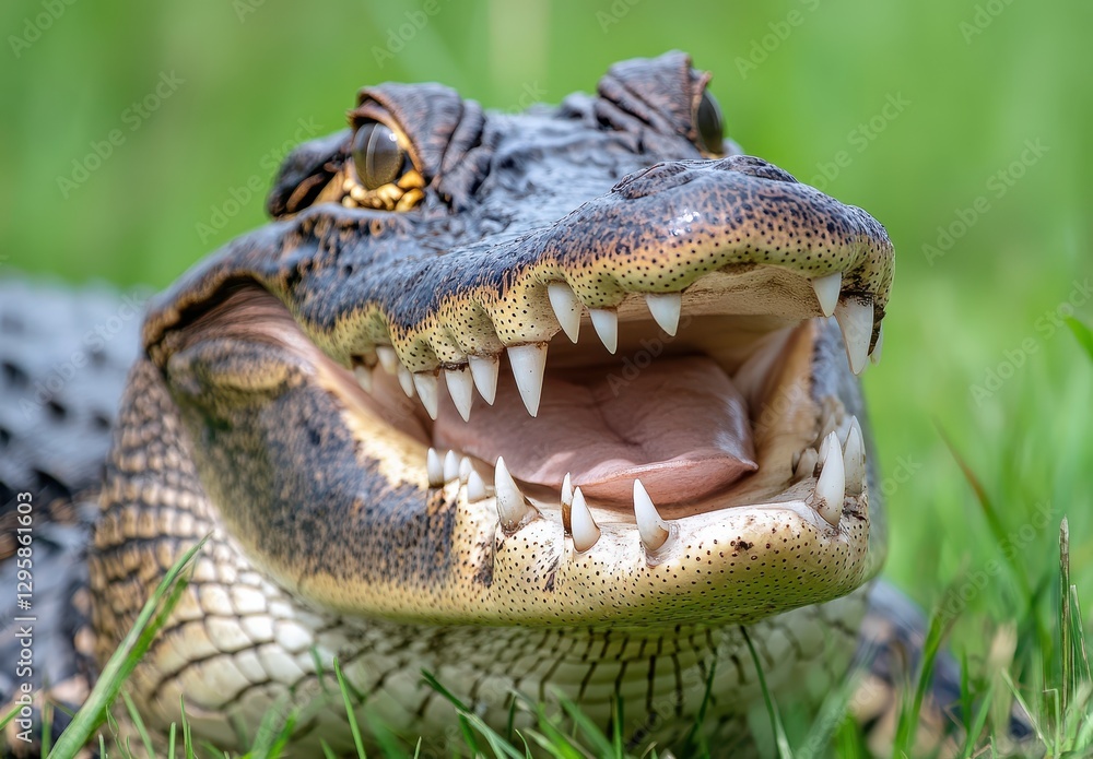 Obraz premium Close-Up of a Fearsome Alligator with Wide Open Mouth Showing Sharp Teeth in Natural Green Habitat Under Bright Sunlight