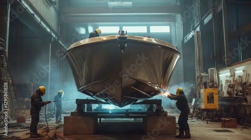 Engineers welding speedboat frame in industrial workshop high-performance crafting dynamic atmosphere close-up view