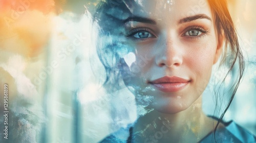 Young Woman Portrait with Dreamy Overlay of Colors and Textures, Capturing Emotion and Beauty in Natural Light, Soft Focus and Artistic Visuals