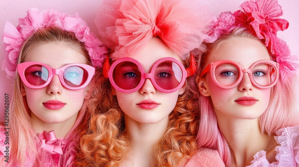 retro visions of tomorrow. Three fashion models wearing pink sunglasses and clothes posing together retro visions of tomorrow. Three fashion models wearing pink sunglasses and clothes posing together