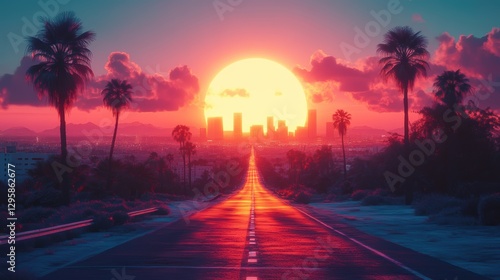Fototapeta Naklejka Na Ścianę i Meble -  Highway leading to a futuristic city at sunset with palm trees
