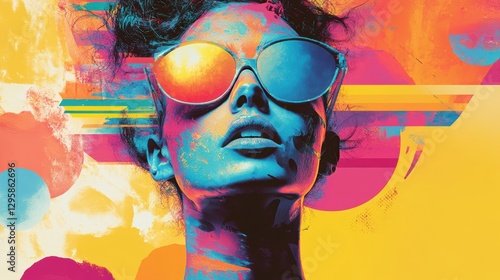 2025 brings a blend of nostalgia and futuristic dreams. Fashion model with colorful makeup and sunglasses posing in front of an abstract background
