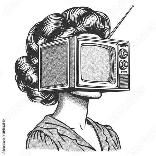 woman in a gown with a retro television set as her head, symbolizing media influence and modernity sketch engraving generative ai vector illustration. Scratch board imitation. Black and white image.