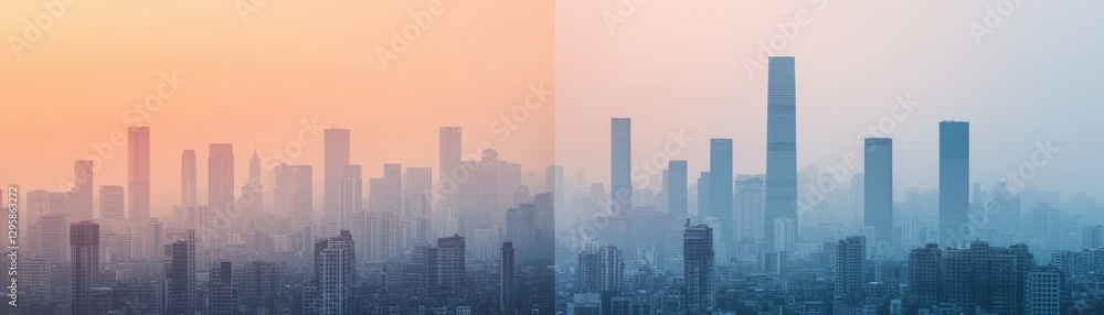 A panoramic cityscape showing skyscrapers wrapped in a haze, transitioning from warm orange to cool blue tones, symbolizing dawn or dusk. A panoramic cityscape showing skyscrapers wrapped in a haze, transitioning from warm orange to cool blue tones, symbolizing dawn or dusk.