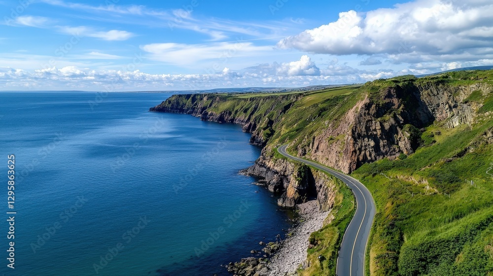 Winding coastal road hugging the cliffs, offering breathtaking views of the deep blue ocean below Winding coastal road hugging the cliffs, offering breathtaking views of the deep blue ocean below