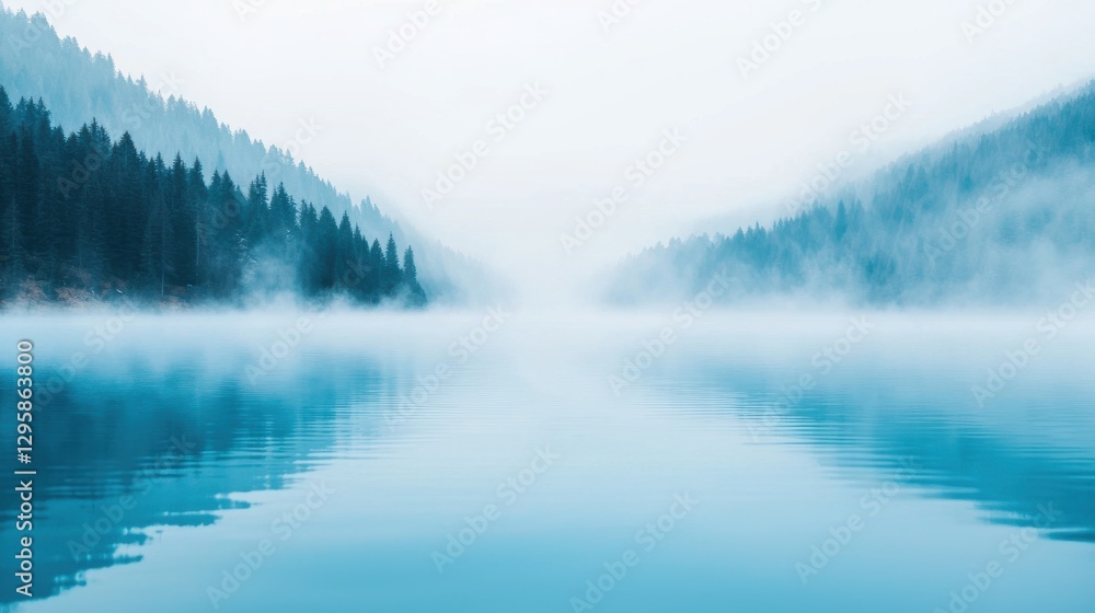 Fototapeta premium A tranquil lake surrounded by misty mountains, reflecting calm waters and an ethereal atmosphere.