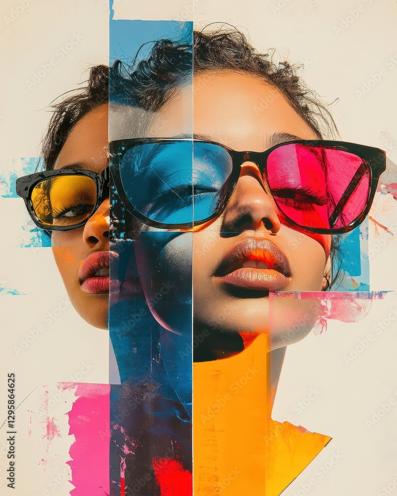 collage - Fashion model wearing colorful sunglasses in dynamic collage collage - Fashion model wearing colorful sunglasses in dynamic collage