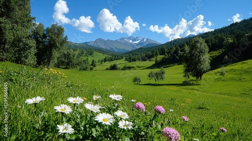 Beautiful green meadow scene with flowers and distant snow capped mountains photo