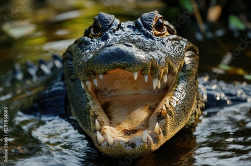 Close-Up of a Fierce Alligator with Sharp Teeth Gliding Through the Murky Water Surrounded by Lush Vegetation in a Tropical Habitat