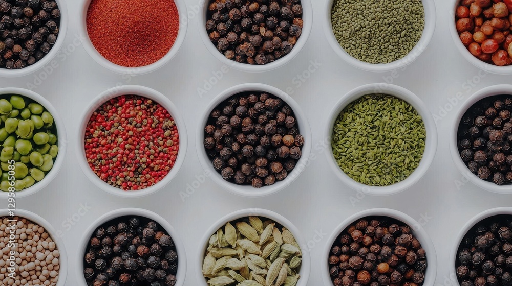 Vibrant Array of Spices and Seeds in White Bowls on Table Vibrant Array of Spices and Seeds in White Bowls on Table