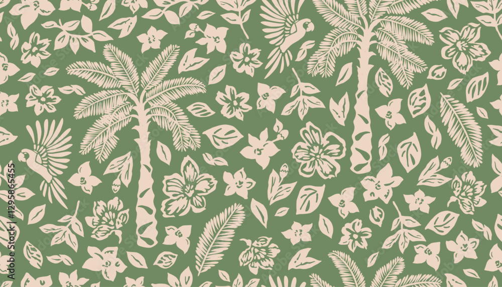 Tropical seamless pattern with hand drawn palm trees. Hawaiian summer background with florals and birds for fabric, textiles, clothing, poster, cover, banner, wallpaper, decor. Vector illustration.