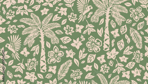 Tropical seamless pattern with hand drawn palm trees. Hawaiian summer background with florals and birds for fabric, textiles, clothing, poster, cover, banner, wallpaper, decor. Vector illustration.