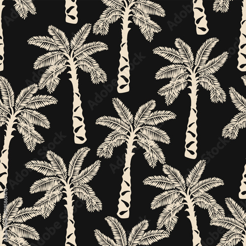 Tropical seamless pattern with hand drawn palm trees. Hawaiian black and white background for fabric, textiles, clothing, poster, cover, decoration, banner, wallpaper, decor. Vector illustration.