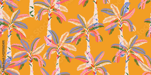 Tropical seamless pattern with hand drawn palm trees. Hawaiian florals summer background for fabric, textiles, clothing, poster, cover, decoration, banner, wallpaper, interior. Vector illustration.