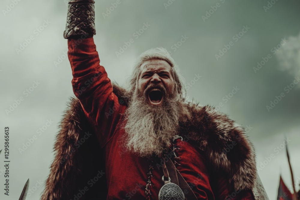 Obraz premium Warrior raises arm in triumph at a dramatic medieval reenactment in a forest clearing