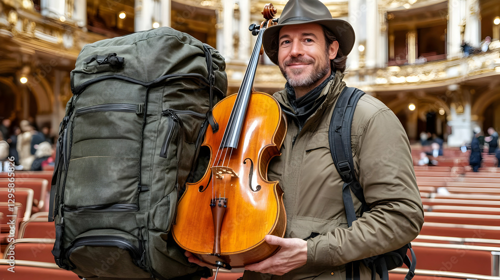 Photo - Musician with Cello and Backpack in Concert Hall Photo - Musician with Cello and Backpack in Concert Hall