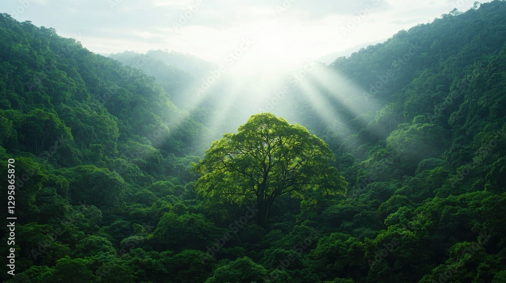 Obraz premium A sunlit valley features a prominent tree surrounded by lush greenery, with rays of light piercing through the clouds, creating a tranquil atmosphere.