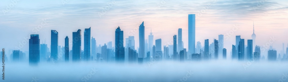 A serene skyline emerges through mist, showcasing modern skyscrapers against a soft, pastel sky, creating a tranquil urban landscape. A serene skyline emerges through mist, showcasing modern skyscrapers against a soft, pastel sky, creating a tranquil urban landscape.