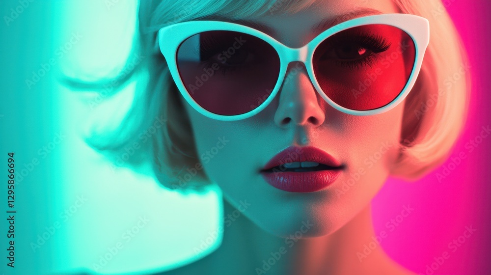 Stylish Woman with Bold Sunglasses Against Colorful Neon Background Stylish Woman with Bold Sunglasses Against Colorful Neon Background