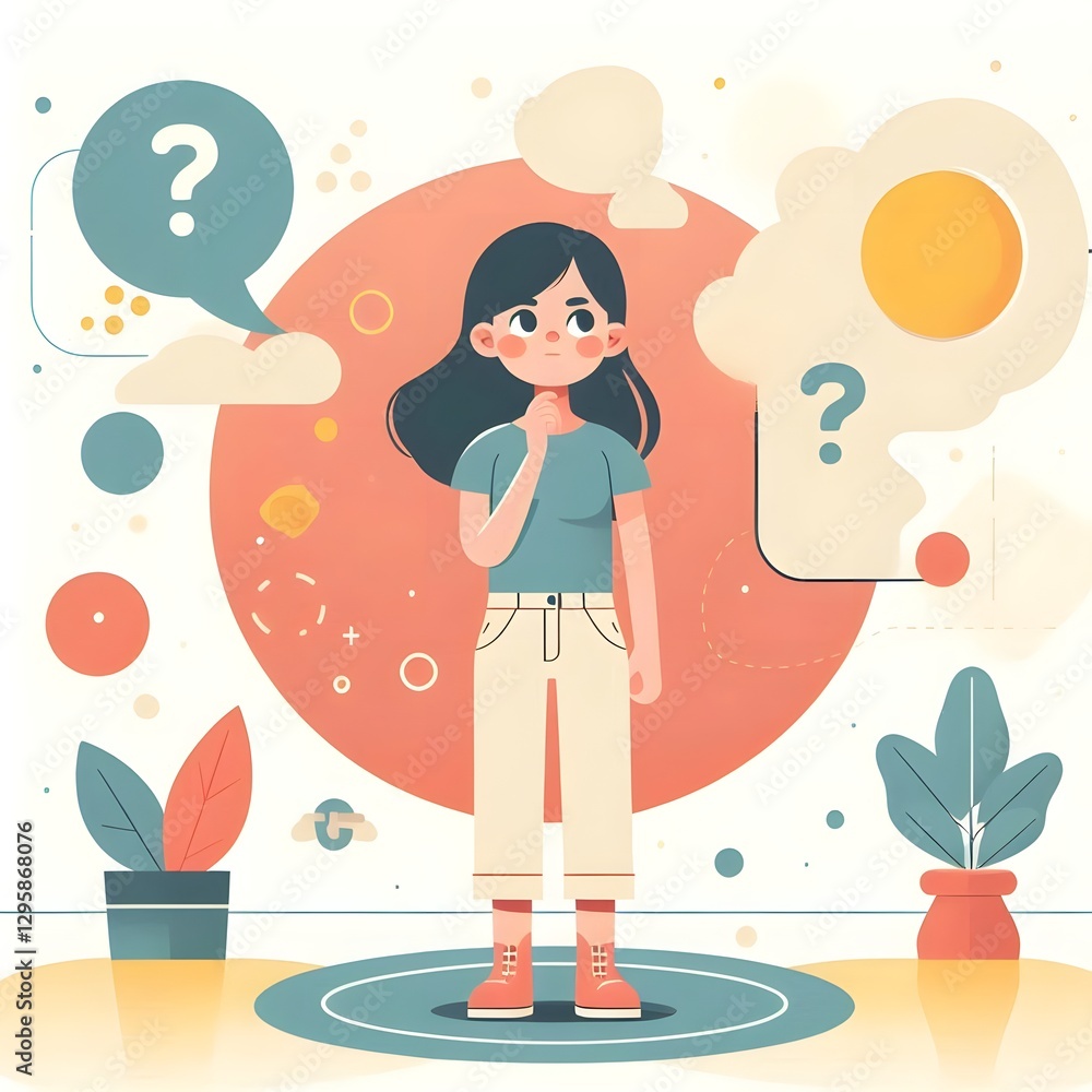 Modern Flat Design Illustration of Young Girl Thinking and Looking Up, Perfect for UI UX Design, Landing Pages, Web Design, and Digital Interfaces