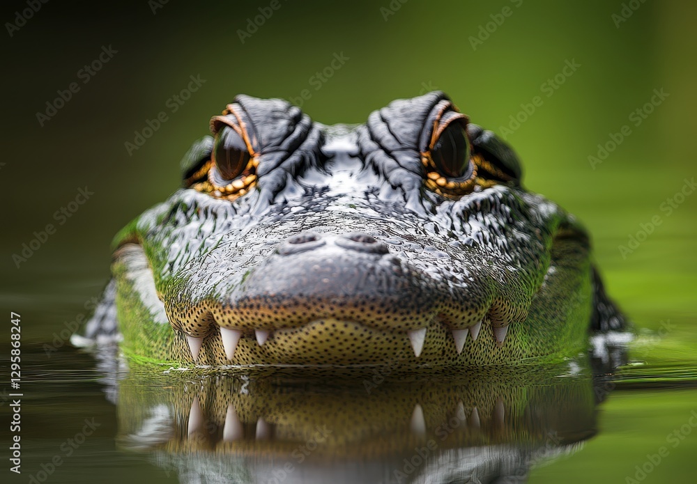 Obraz premium Close-up of a Green Alligator Head Emerging from Water with Sharp Teeth Under Natural Light in a Serene Environment