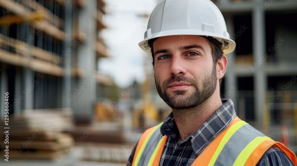 Confident male construction worker in safety gear standing at a construction site, showcasing professionalism and dedication to his work environment Confident male construction worker in safety gear standing at a construction site, showcasing professionalism and dedication to his work environment