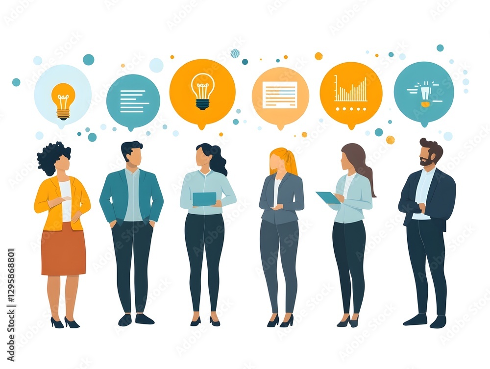 diverse professionals in business attire, discussing ideas. people are standing and talking to each other, with speech bubbles above their heads. each bubble contains a business icons. diverse professionals in business attire, discussing ideas. people are standing and talking to each other, with speech bubbles above their heads. each bubble contains a business icons.