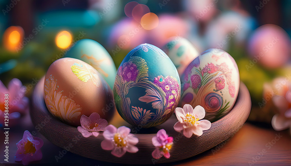 Fototapeta premium Easter eggs with intricate pastel designs, surrounded by spring flowers and soft greenery in a hand-drawn style.