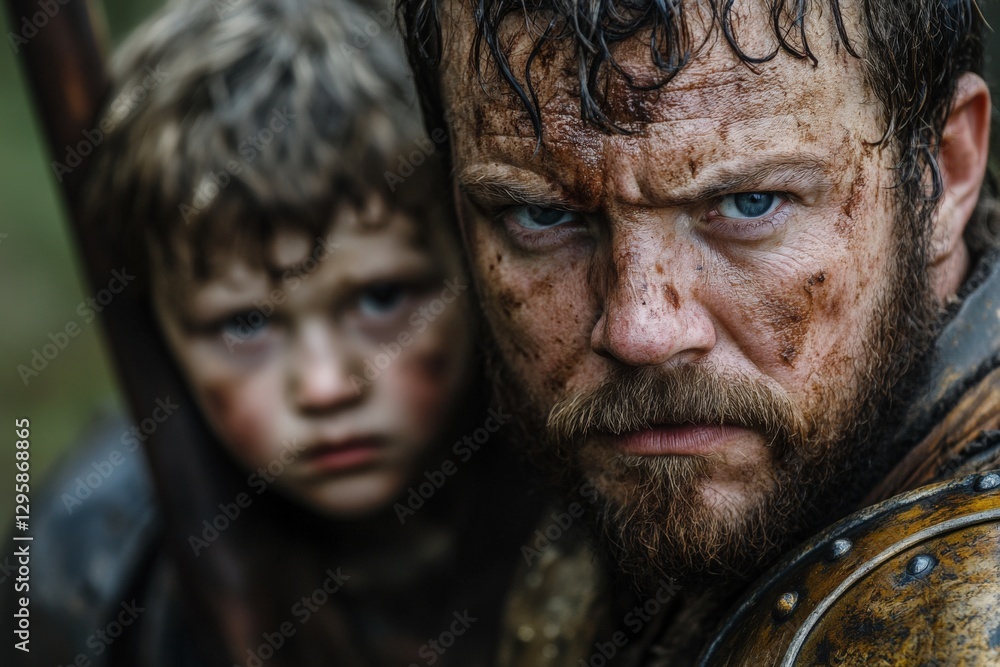 Intense moment between a warrior and a boy during a gritty battle in a forest setting Intense moment between a warrior and a boy during a gritty battle in a forest setting
