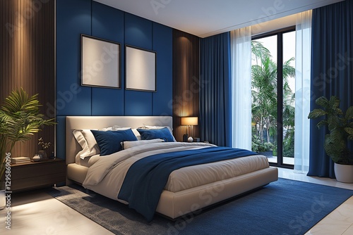 A modern hotel bedroom in elegant blue tones, offering a relaxing and luxurious atmosphere.